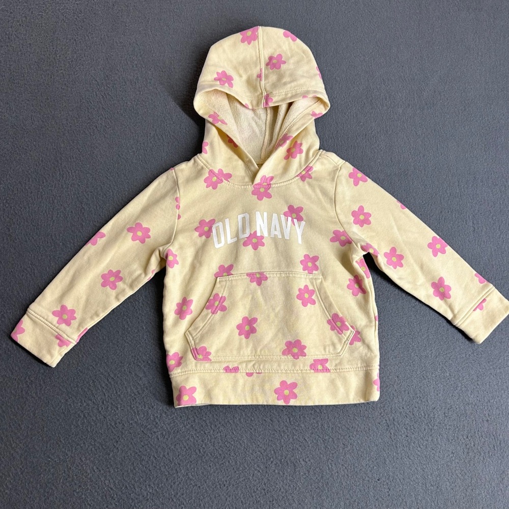 Old Navy Hoodie Girls 2T Yellow Pink Floral Logo Fleece Pullover Sweatshirt